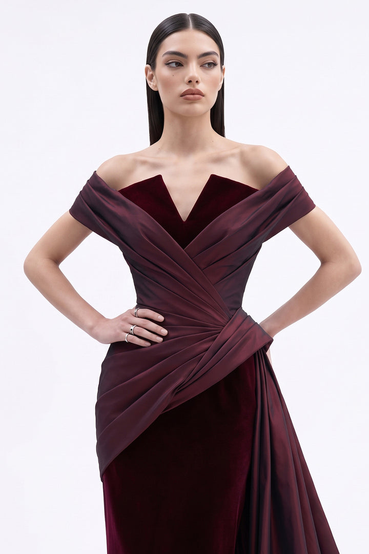 Off-The-Shoulder Draped with Velvet Dress