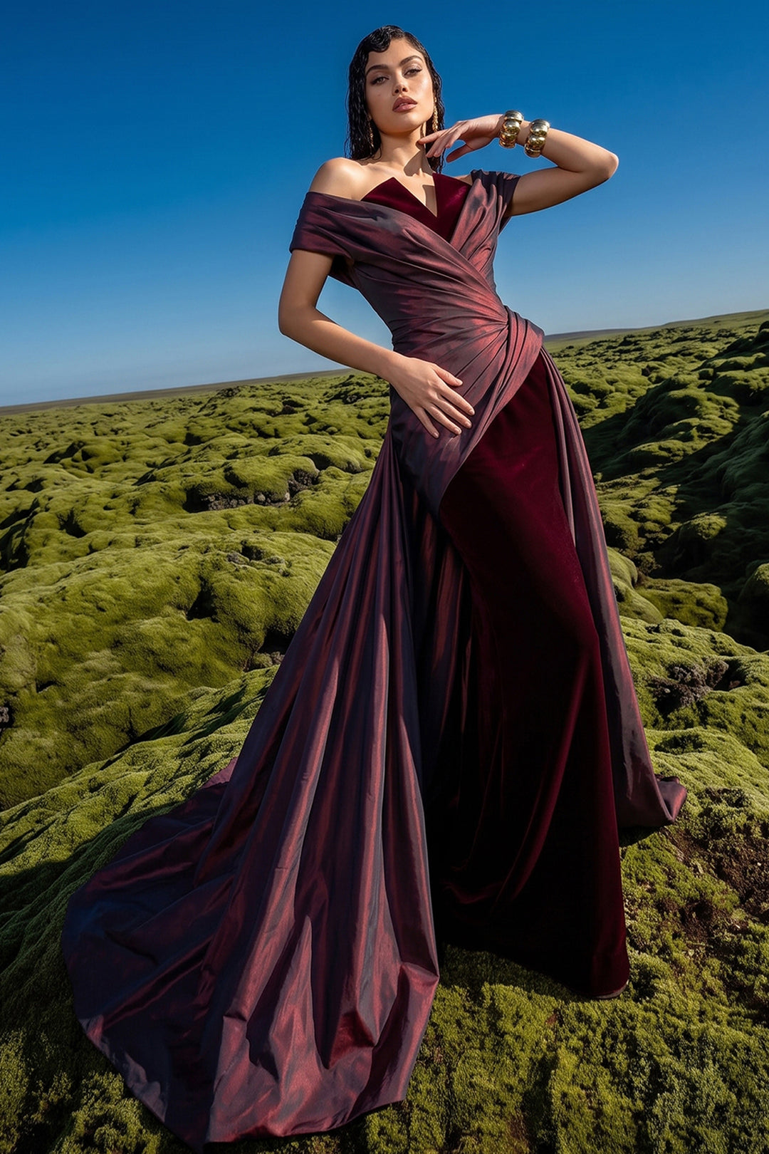 Off-The-Shoulder Draped with Velvet Dress