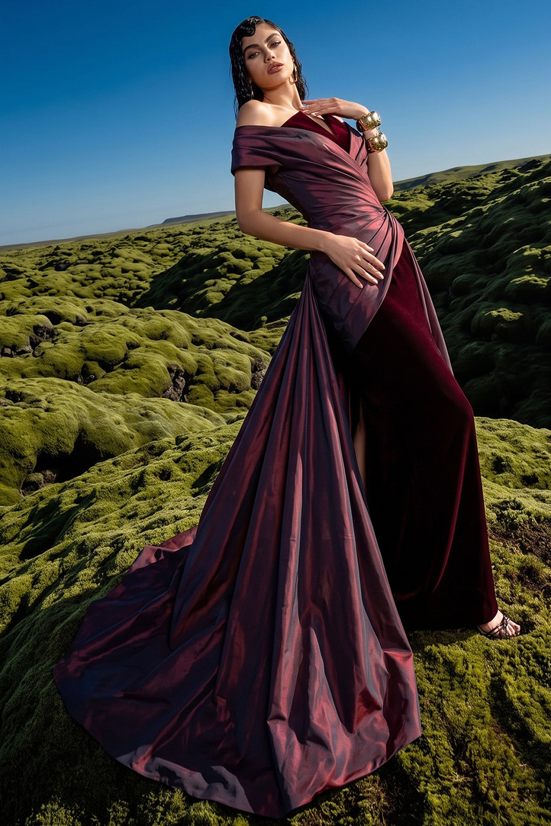 Off-The-Shoulder Draped with Velvet Dress
