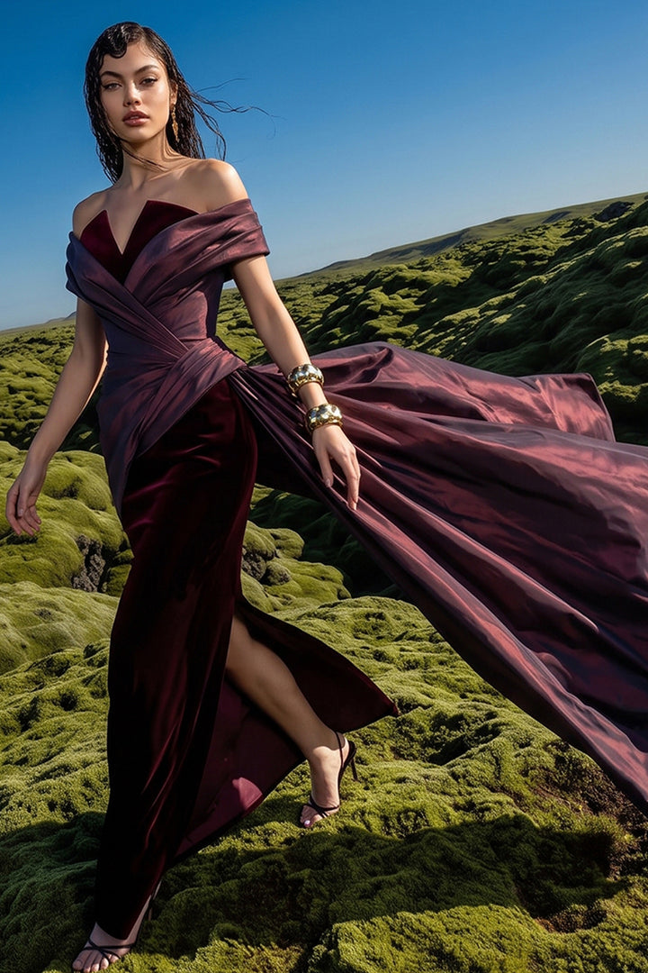 Off-The-Shoulder Draped with Velvet Dress