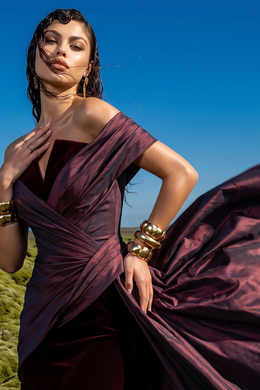 Off-The-Shoulder Draped with Velvet Dress