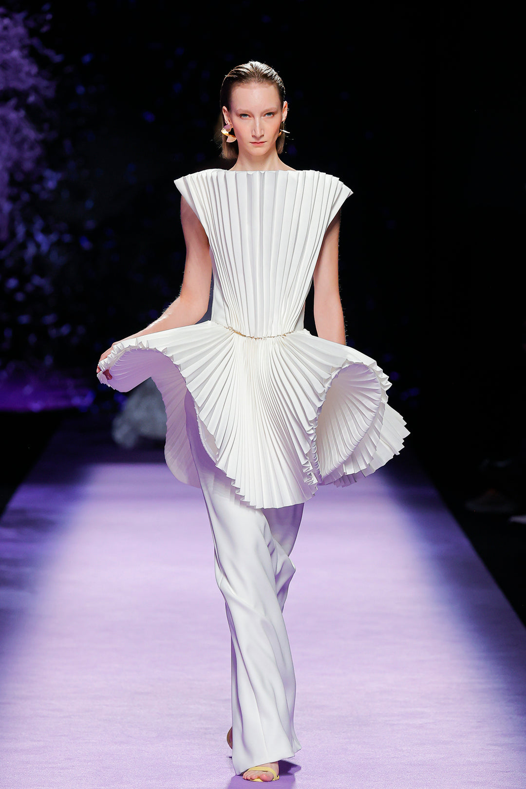 Pleated Dress with High Neckline and Flowing Skirt