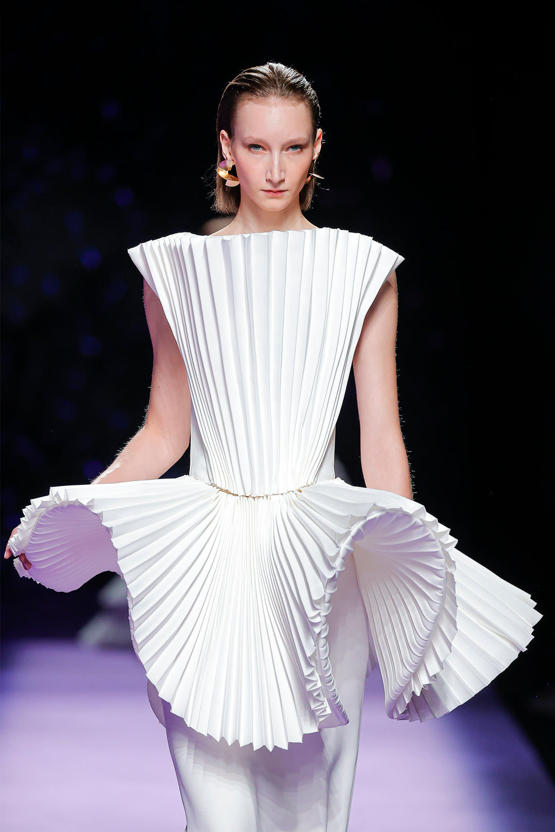 Pleated Dress with High Neckline and Flowing Skirt