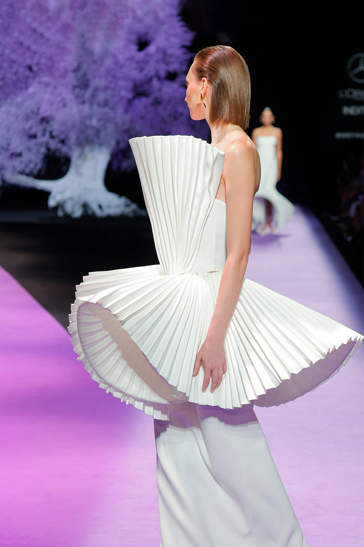 Pleated Dress with High Neckline and Flowing Skirt