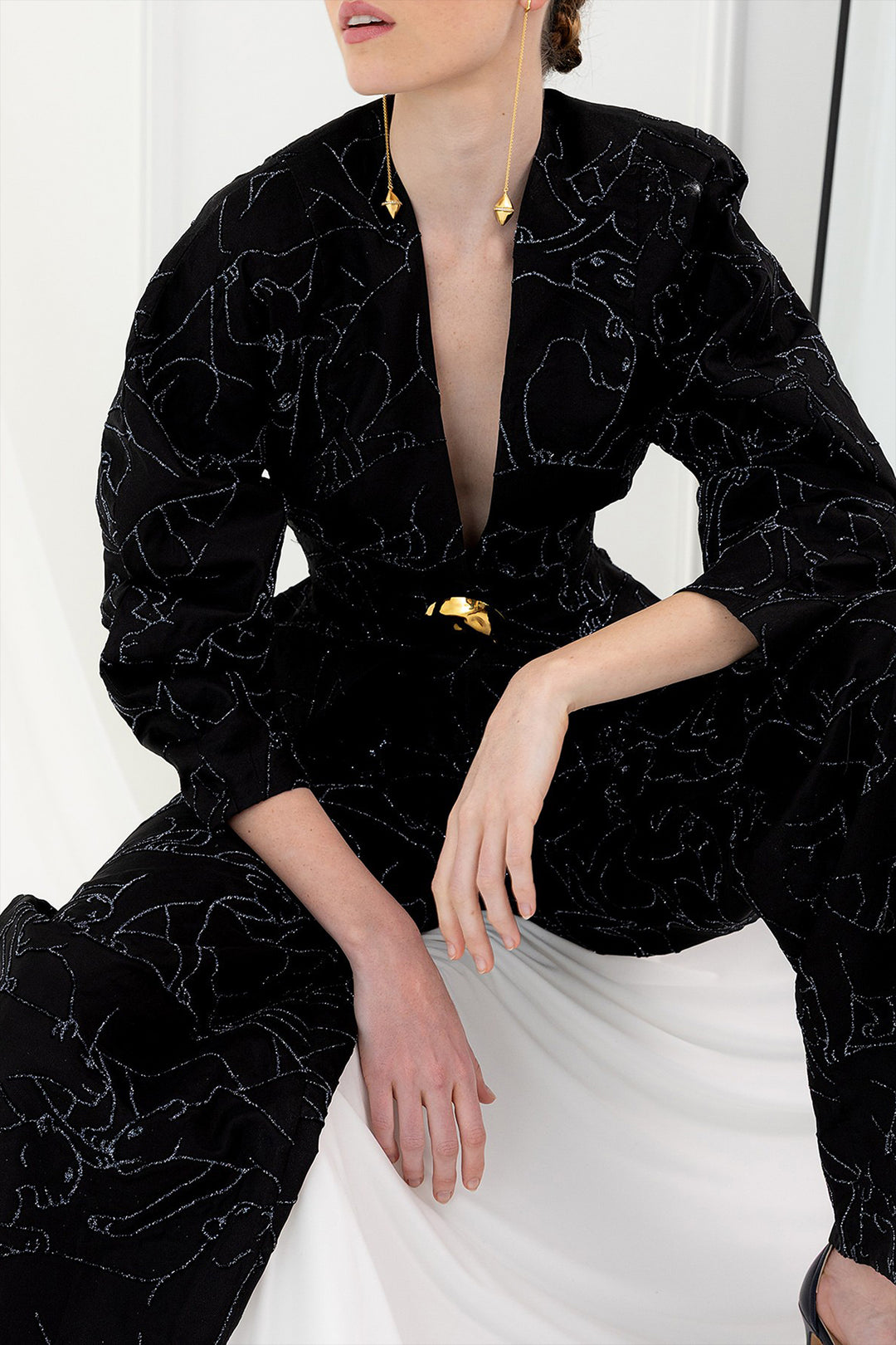 Embroidered V-Neck Jacket and Balloon Trouser Set