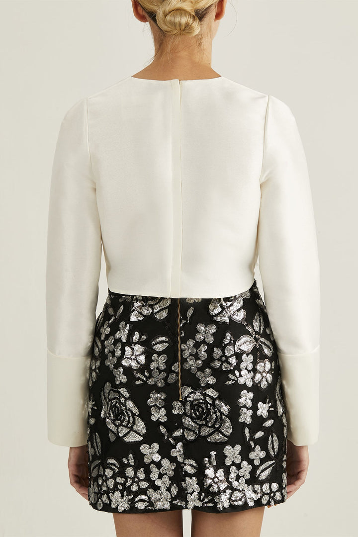 Crop Top with Tuxedo Bows & Sequin Floral Mini Skirt