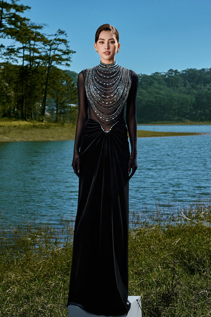 Black Dress with Beaded High-Neck Design