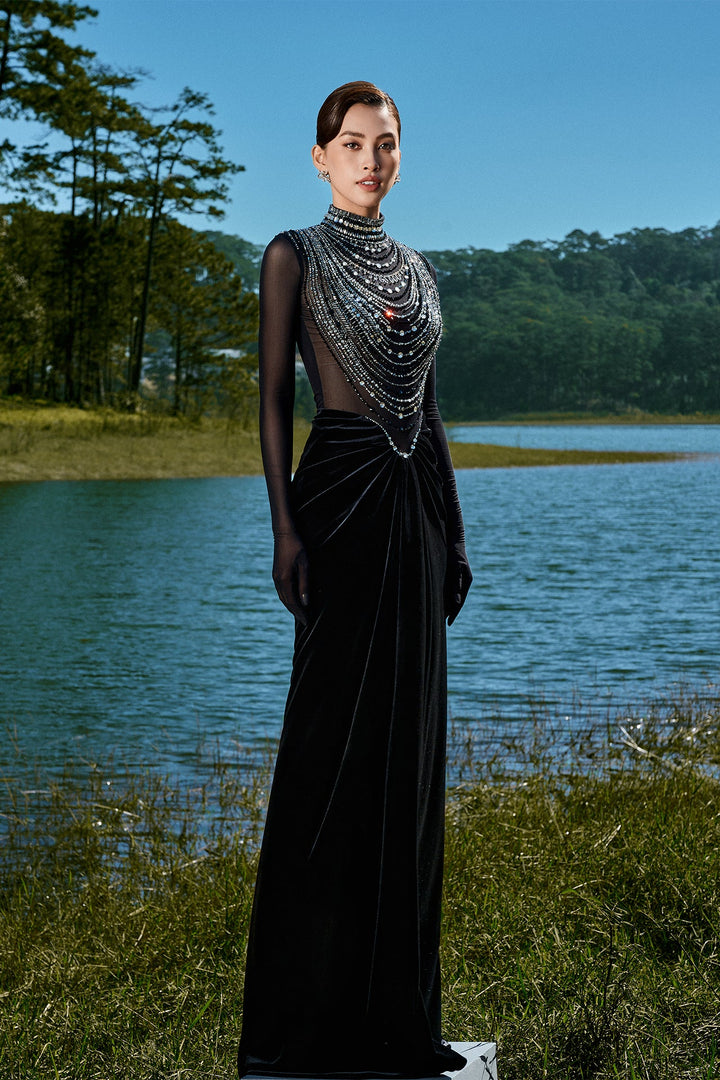 Black Dress with Beaded High-Neck Design