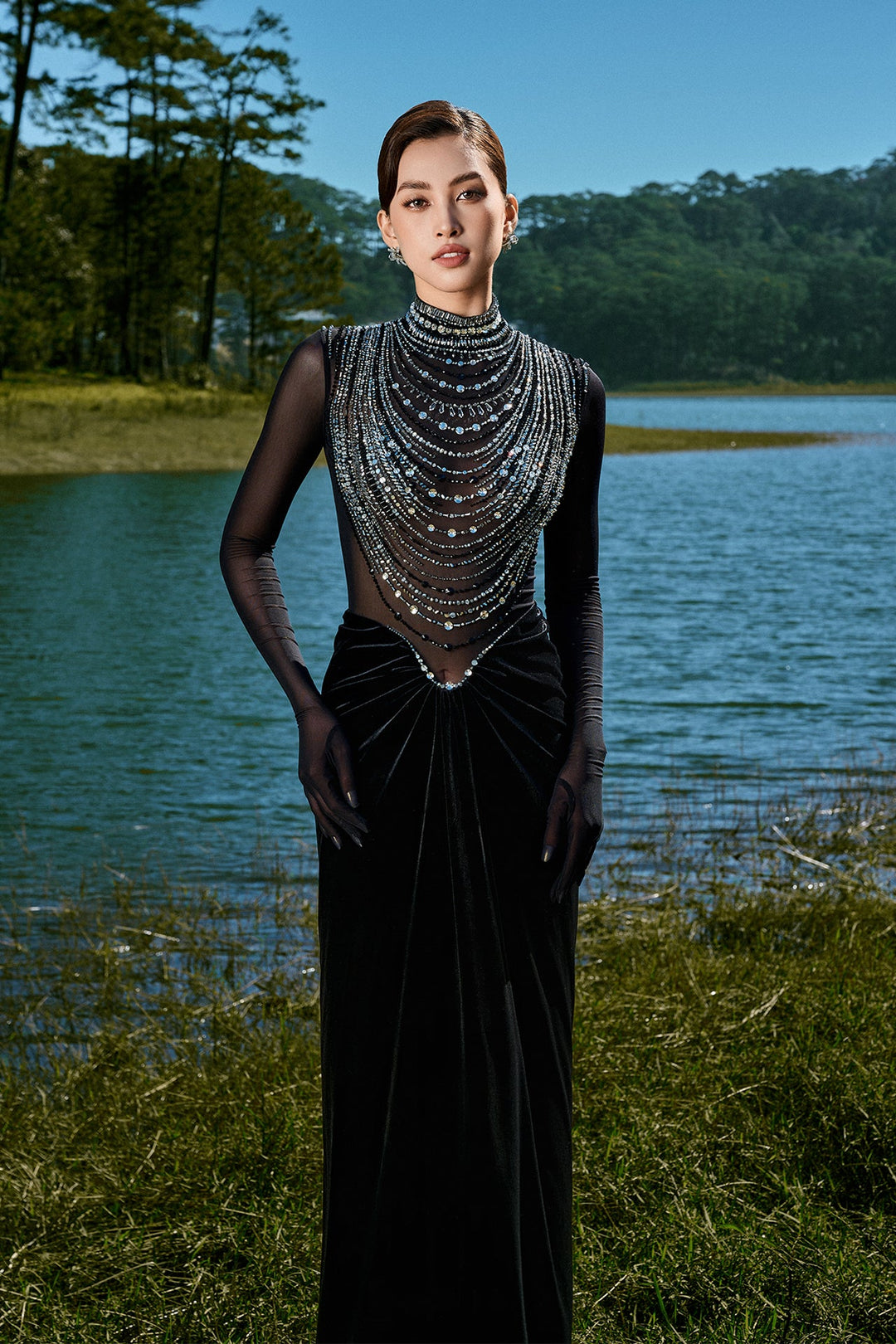 Black Dress with Beaded High-Neck Design