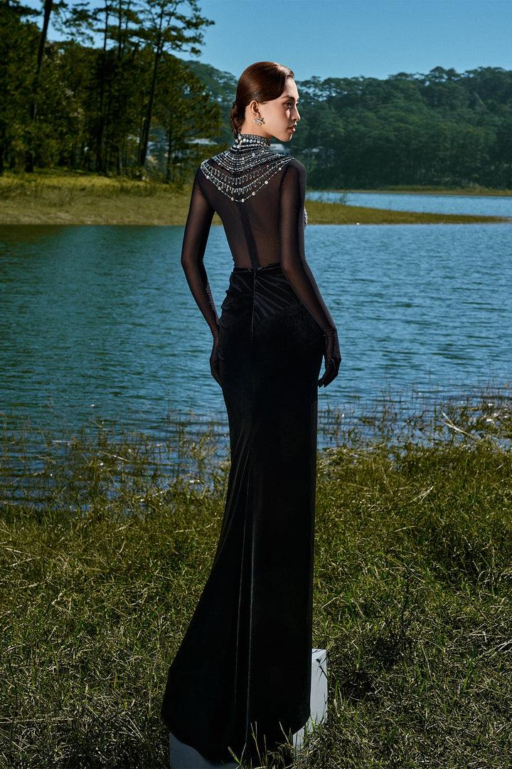 Black Dress with Beaded High-Neck Design