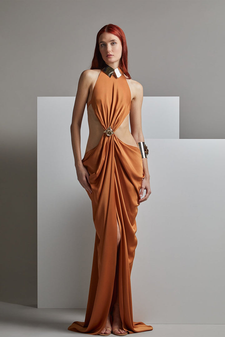 Sleeveless Flared Draped Dress with Cutouts