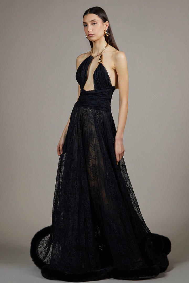 Halter Neckline Satin A-Line Dress