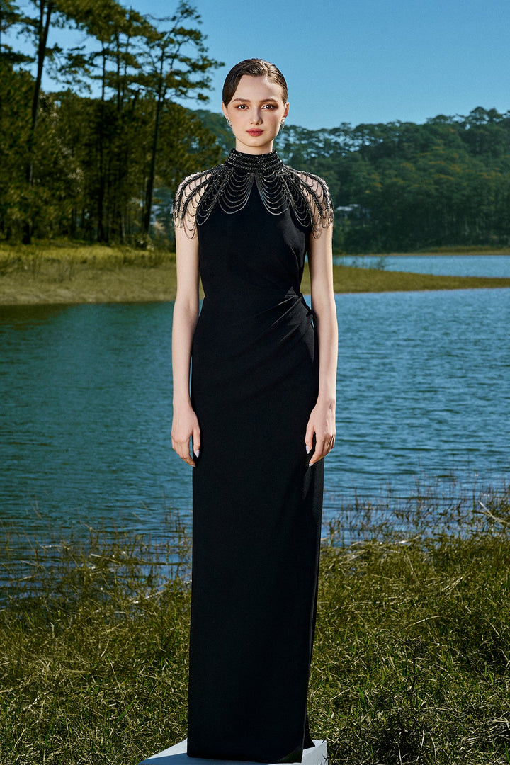 Black High-Neck Beaded Dress