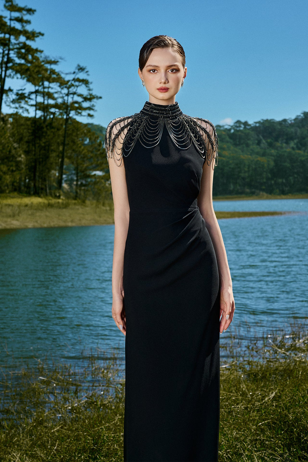 Black High-Neck Beaded Dress – DESIGN