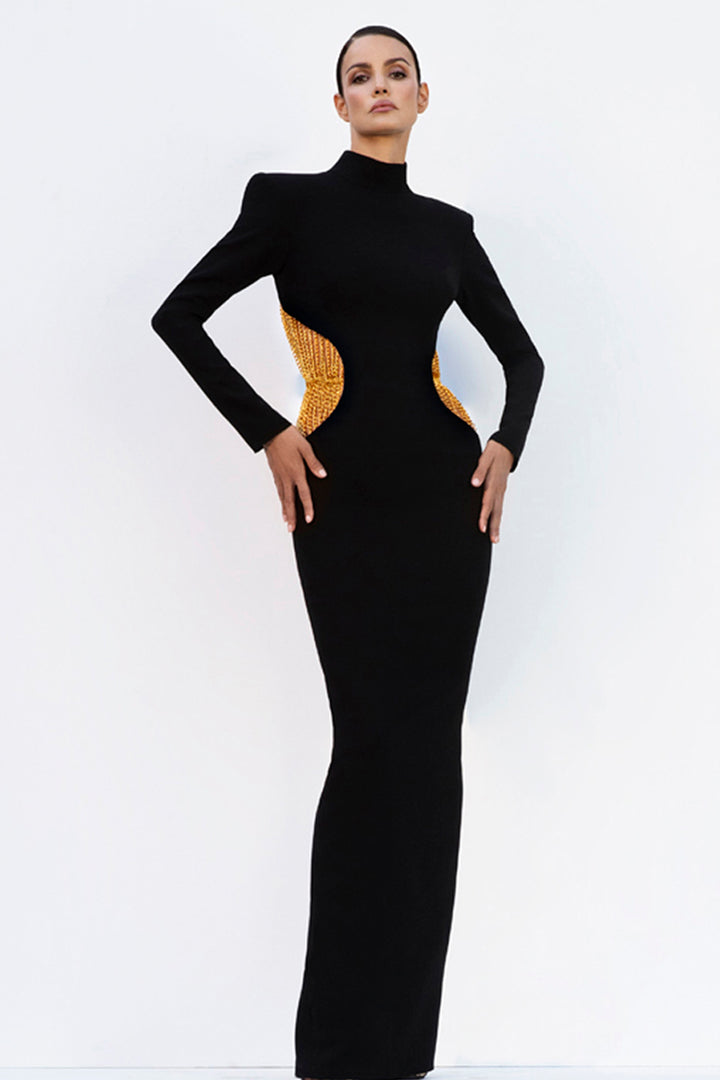 Long-Sleeved High Neck Fitted Dress
