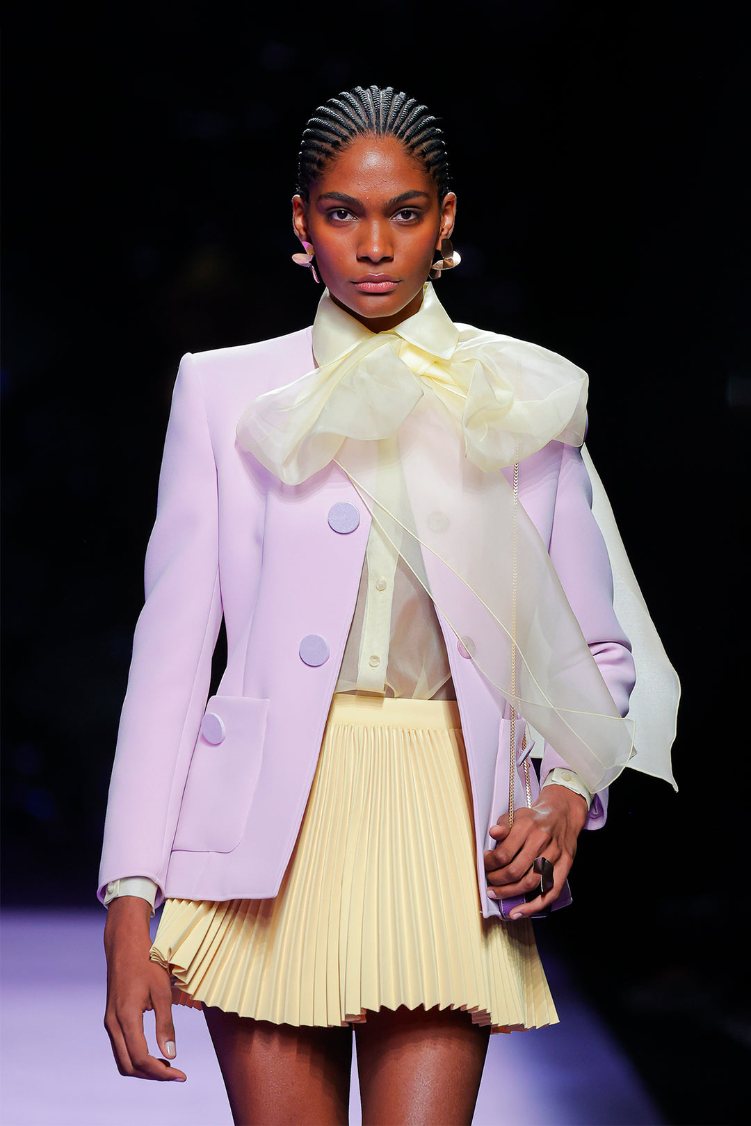 Blazer with Sheer Bow Blouse and Pleated Skirt Ensemble