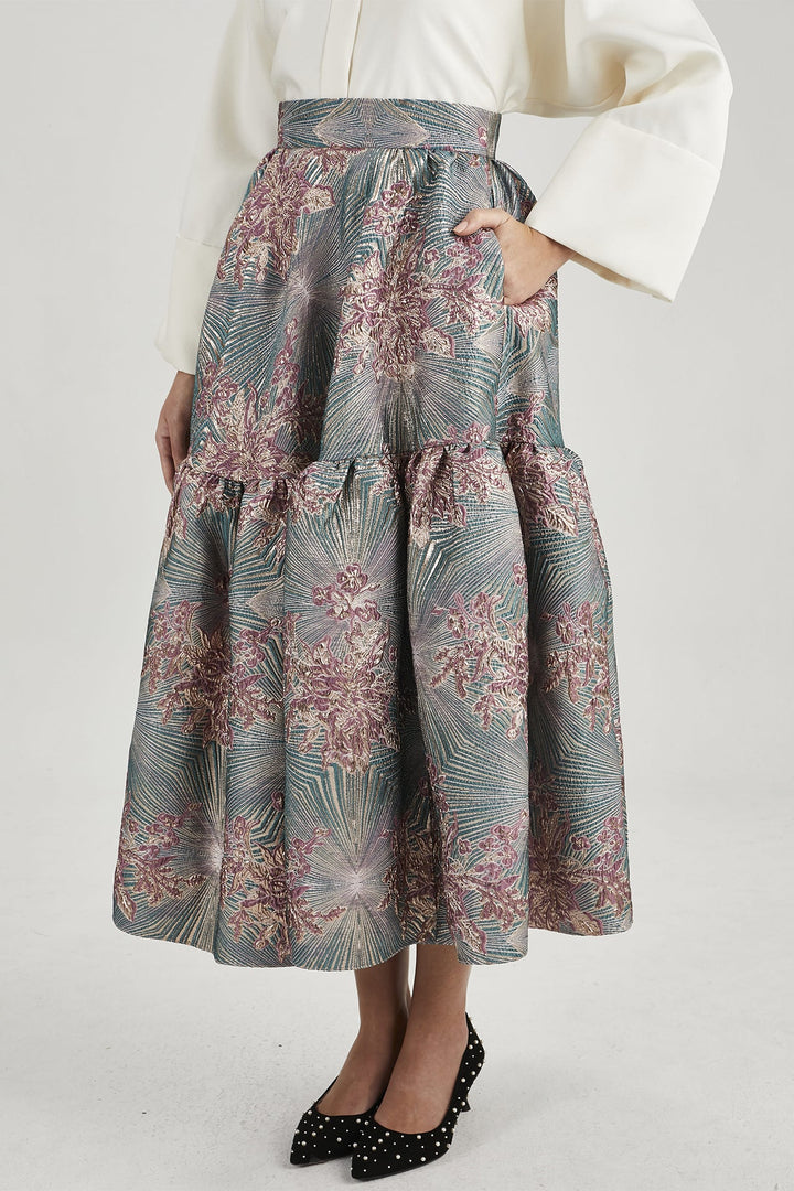 Oversized Shirt with Buttons & Geometric Floral Brocade Skirt