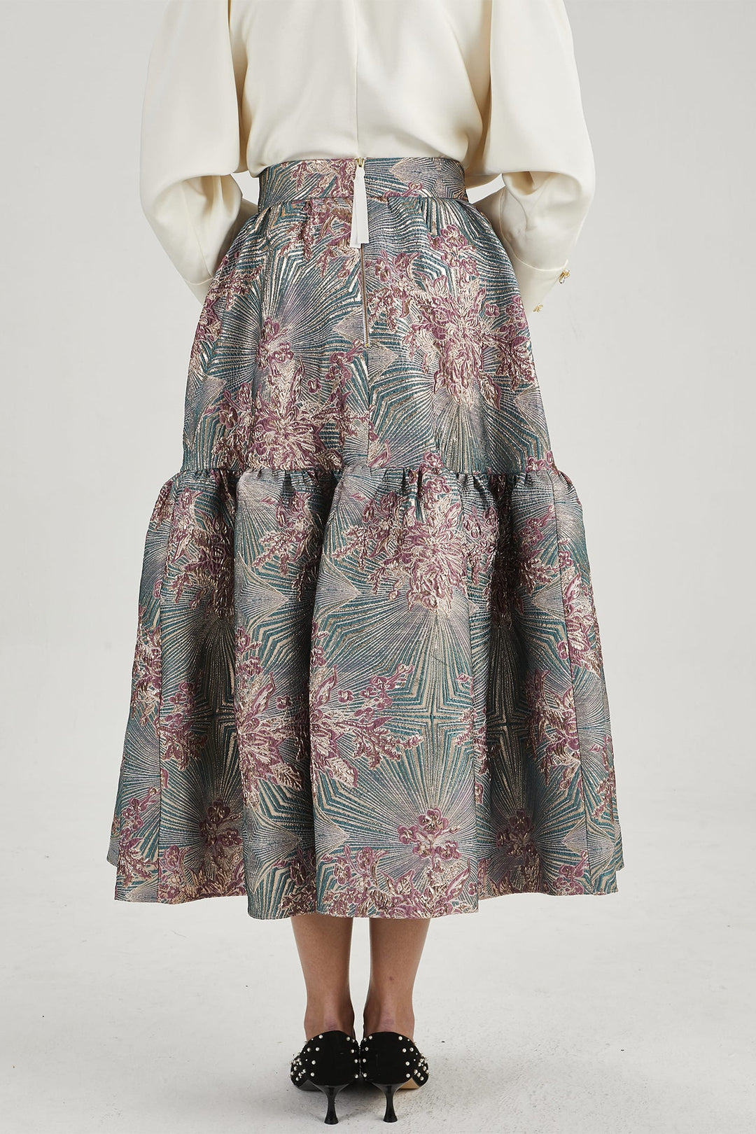 Oversized Shirt with Buttons & Geometric Floral Brocade Skirt