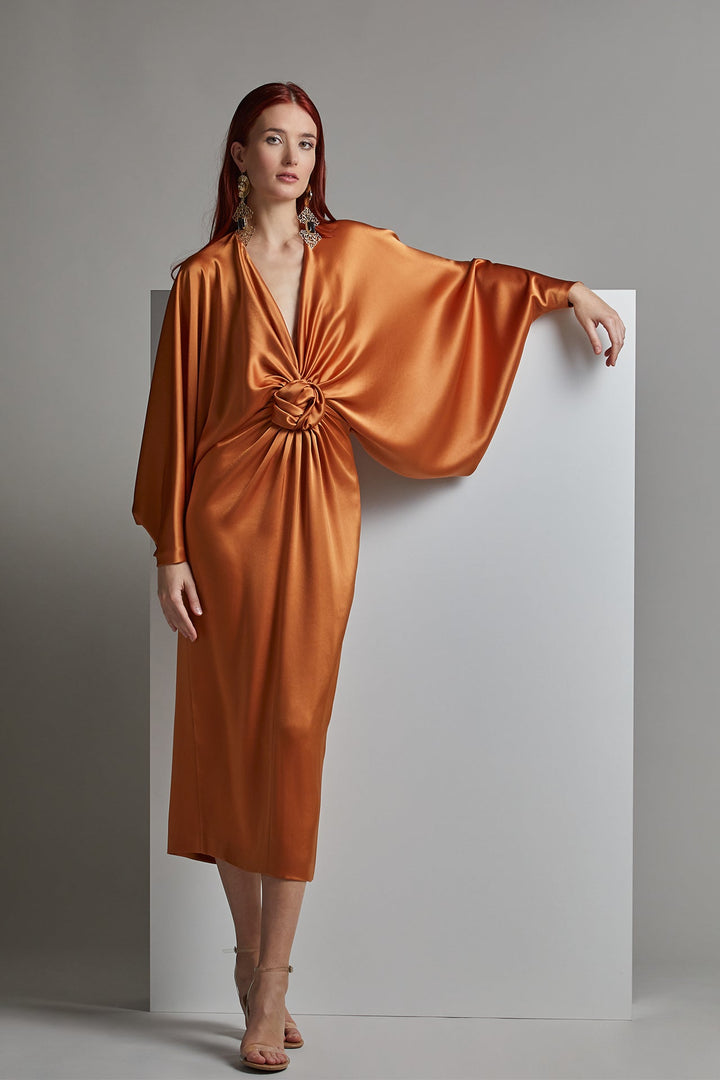 Long-Sleeved Draped Midi Dress