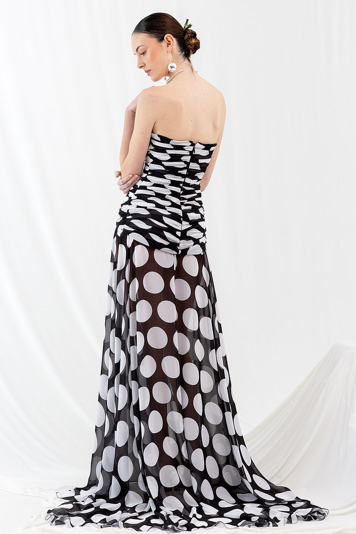 Silk Blouse with Polka Dot Print and Strapless Dress
