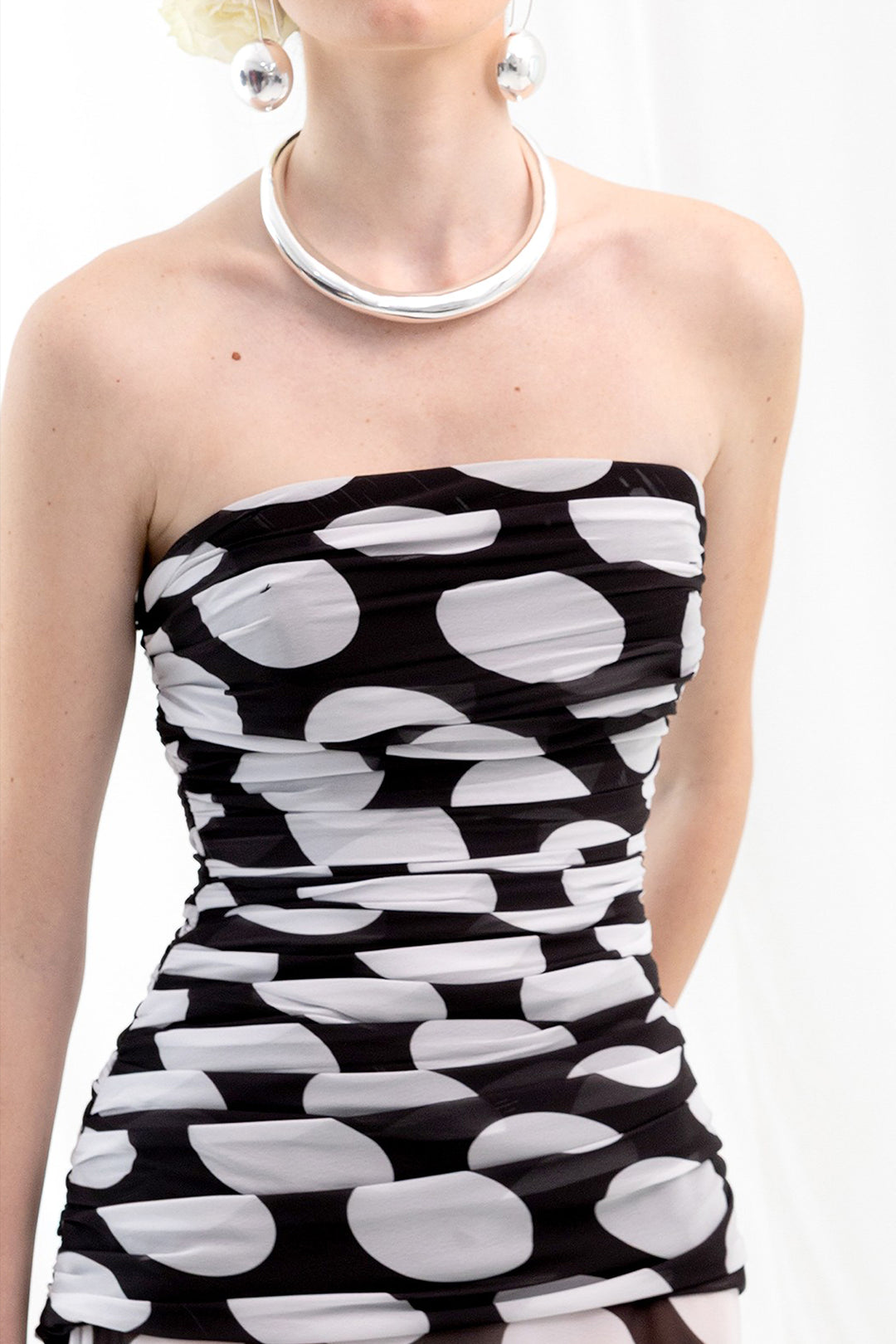 Silk Blouse with Polka Dot Print and Strapless Dress