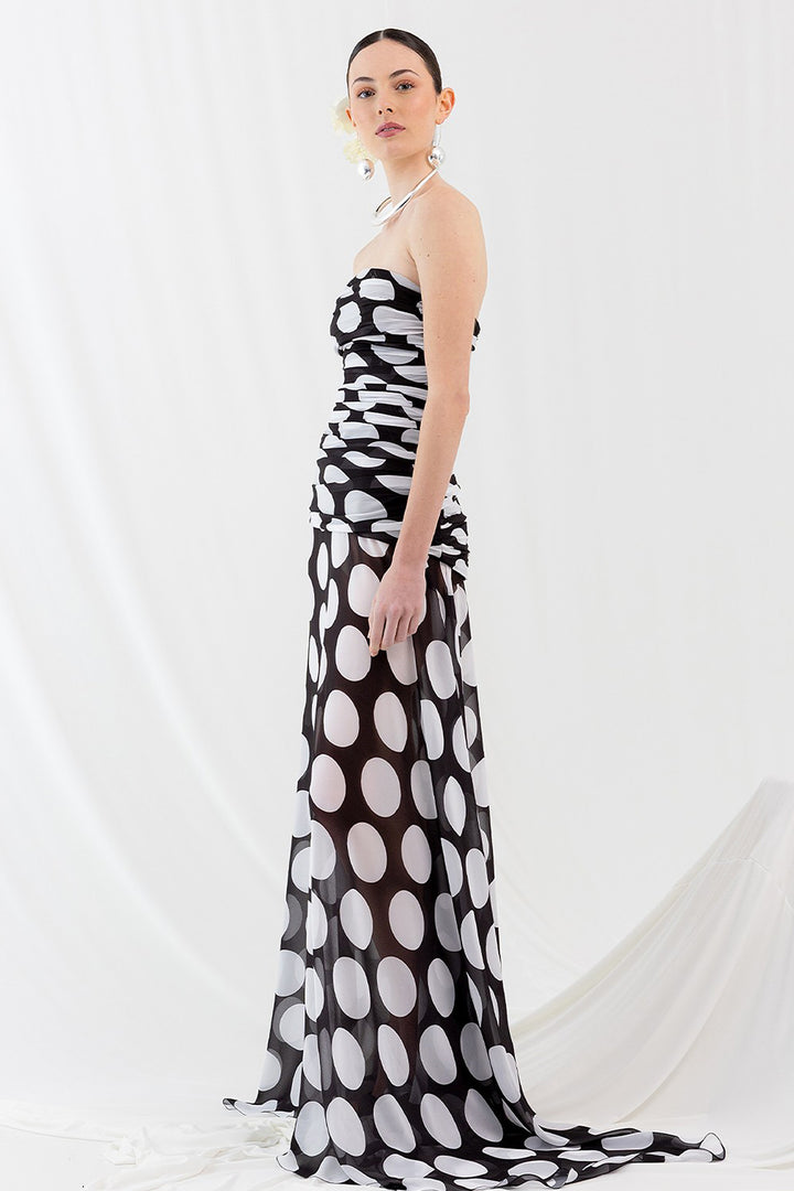 Silk Blouse with Polka Dot Print and Strapless Dress