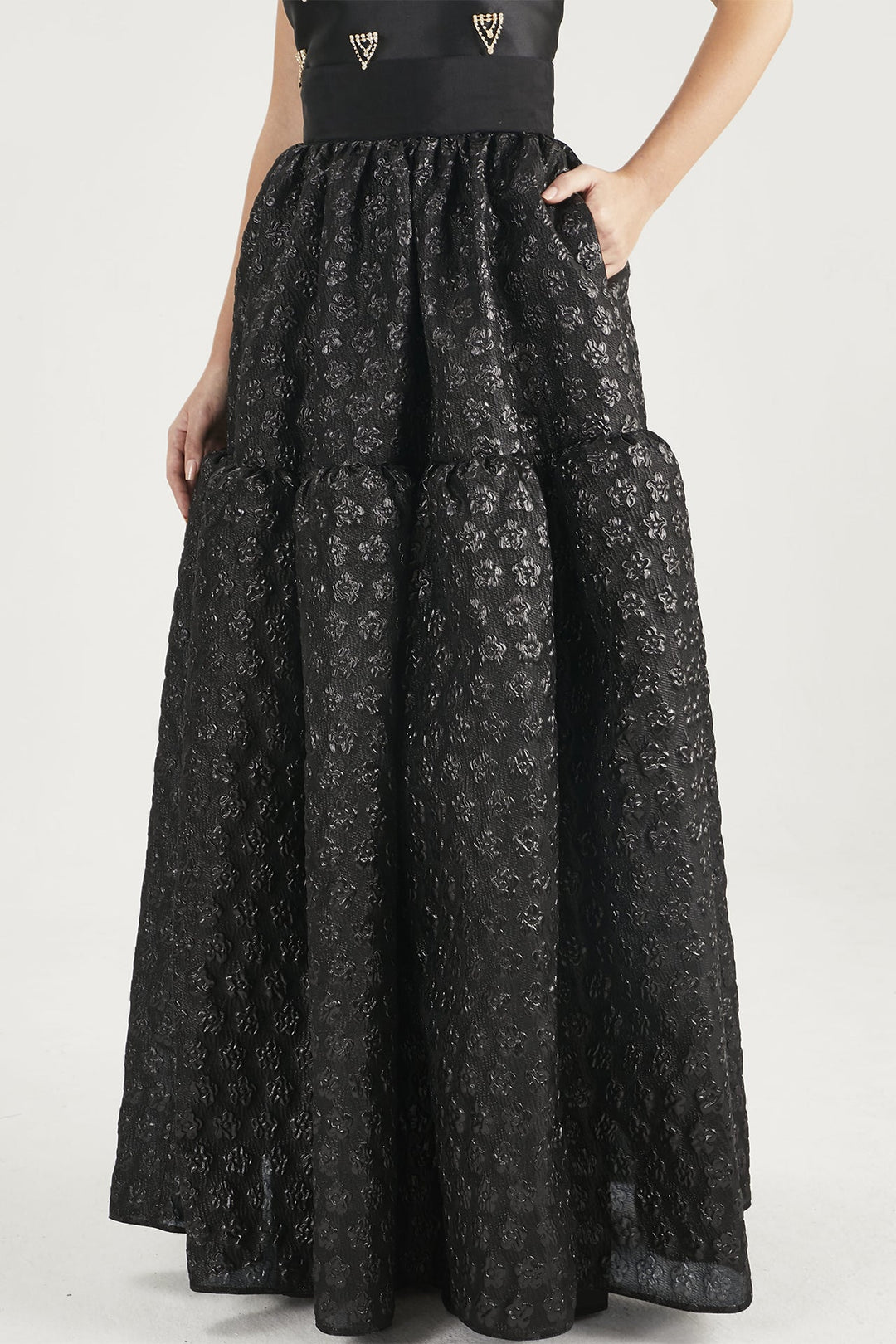 Cropped Top with Crystal Beadwork & Tiered Skirt in Floral Brocade