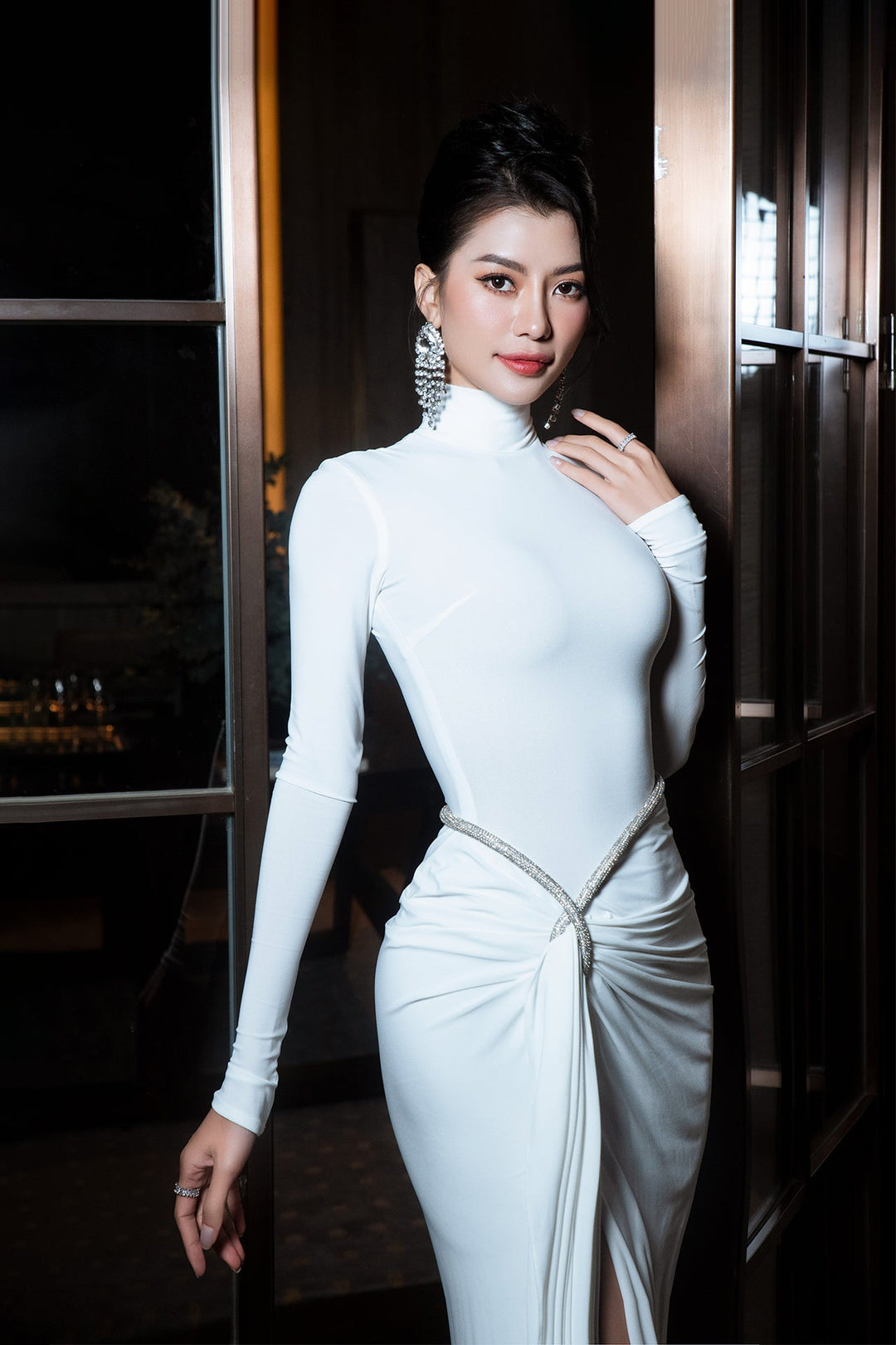 White Long-Sleeved Gown with High Neckline