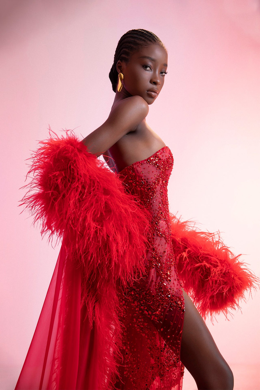 Feathered Dress with High Slit Red / FR 40 Feathered Dress with High Slit Red / FR 40