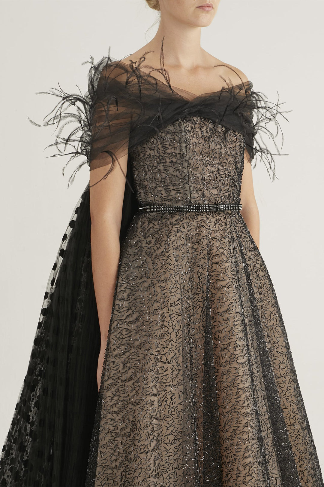 Strapless Ball Dress with Feathered Sleeves