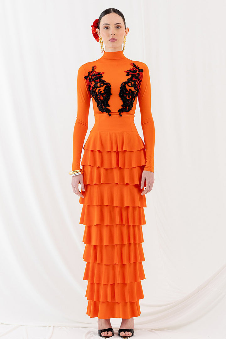 Long Skirt with Ruffles with Perkins Collar and Lace