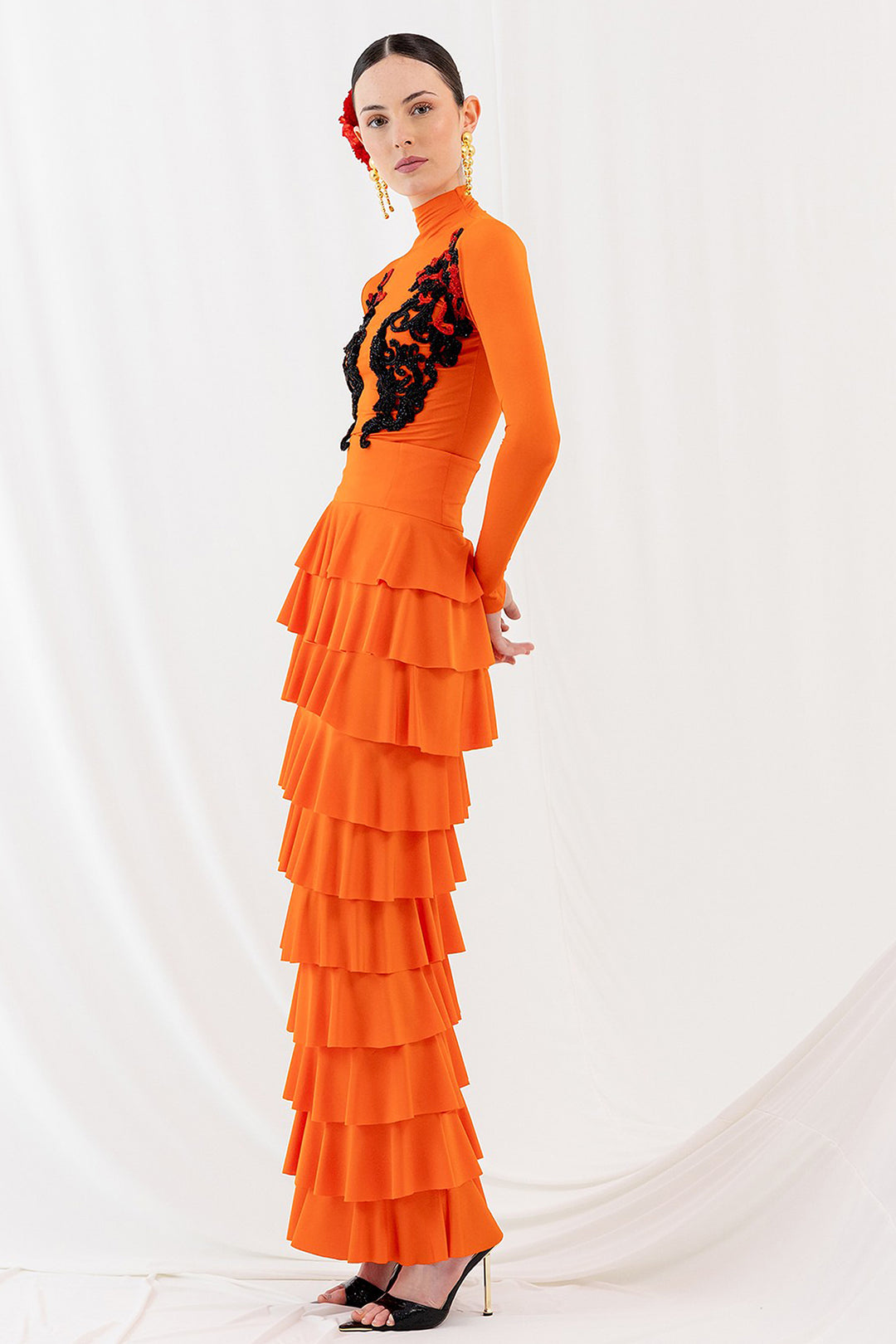Long Skirt with Ruffles with Perkins Collar and Lace