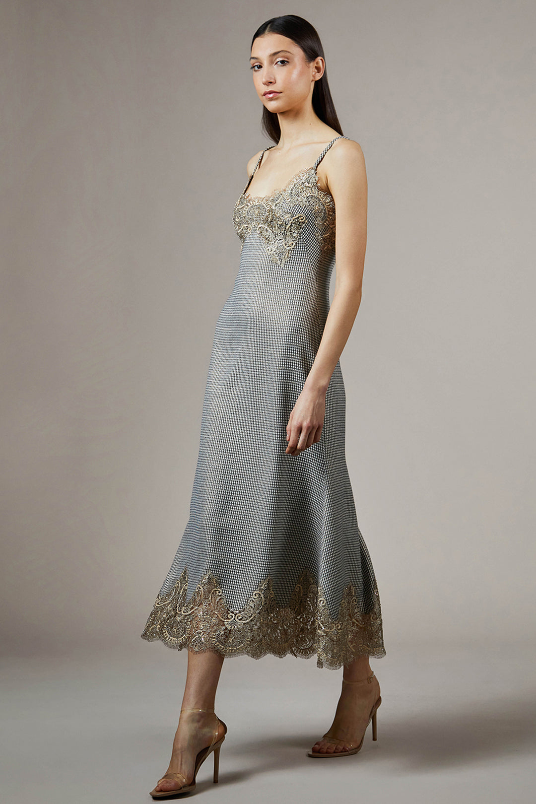 Satin Midi with Spaghetti Straps and Fringe Hem
