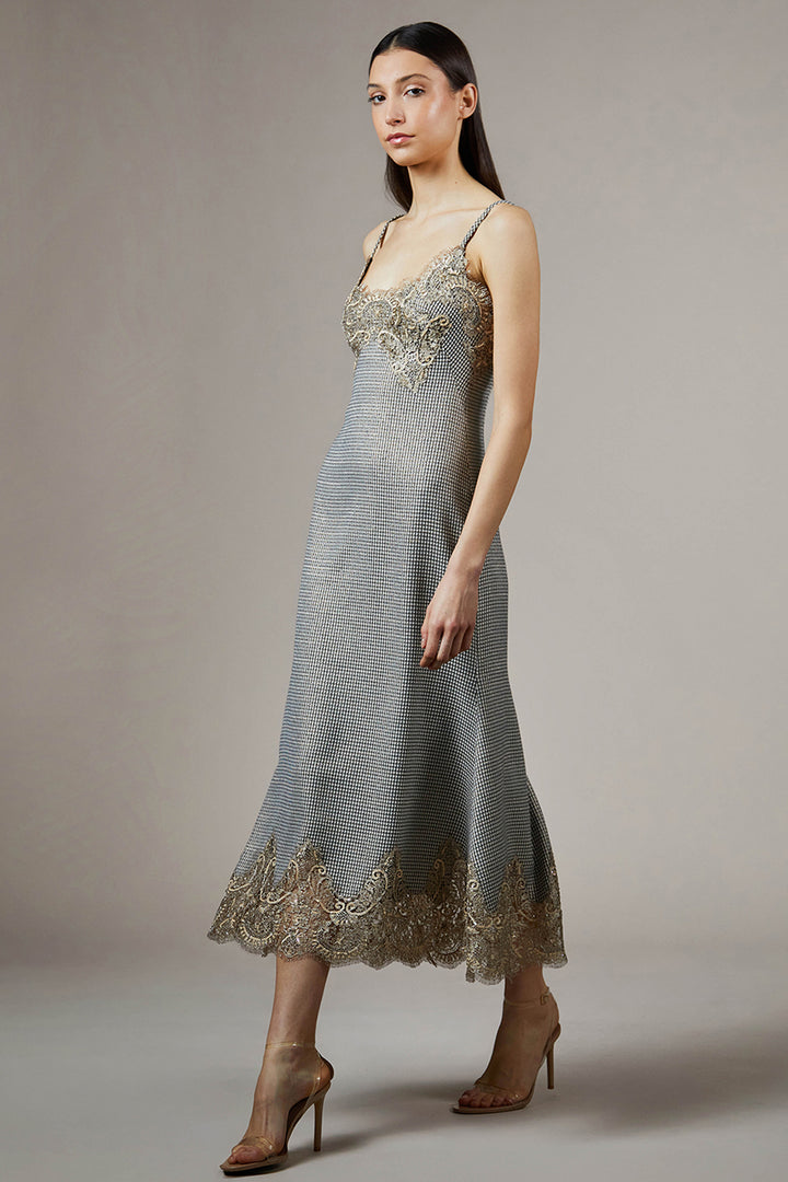 Satin Midi with Spaghetti Straps and Fringe Hem