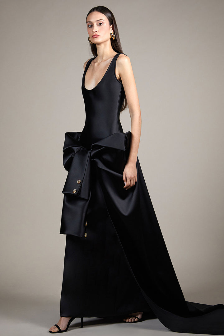 Bowed A-Line Dress with Sculpted Detail