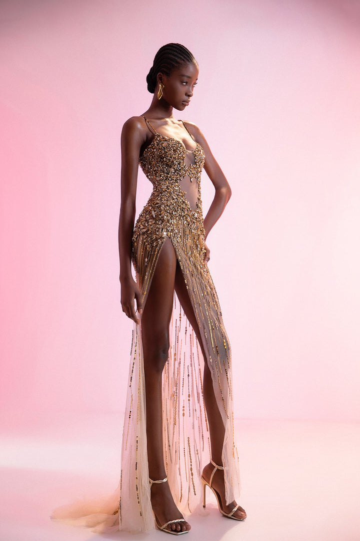 Gold Embellished Evening Dress