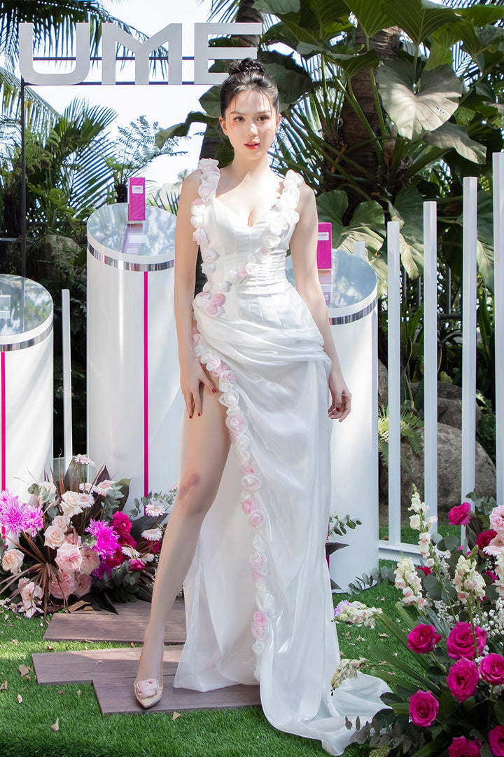 White Gown with Slit and Floral Appliqués