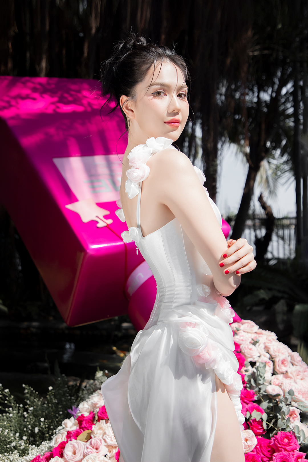 White Gown with Slit and Floral Appliqués