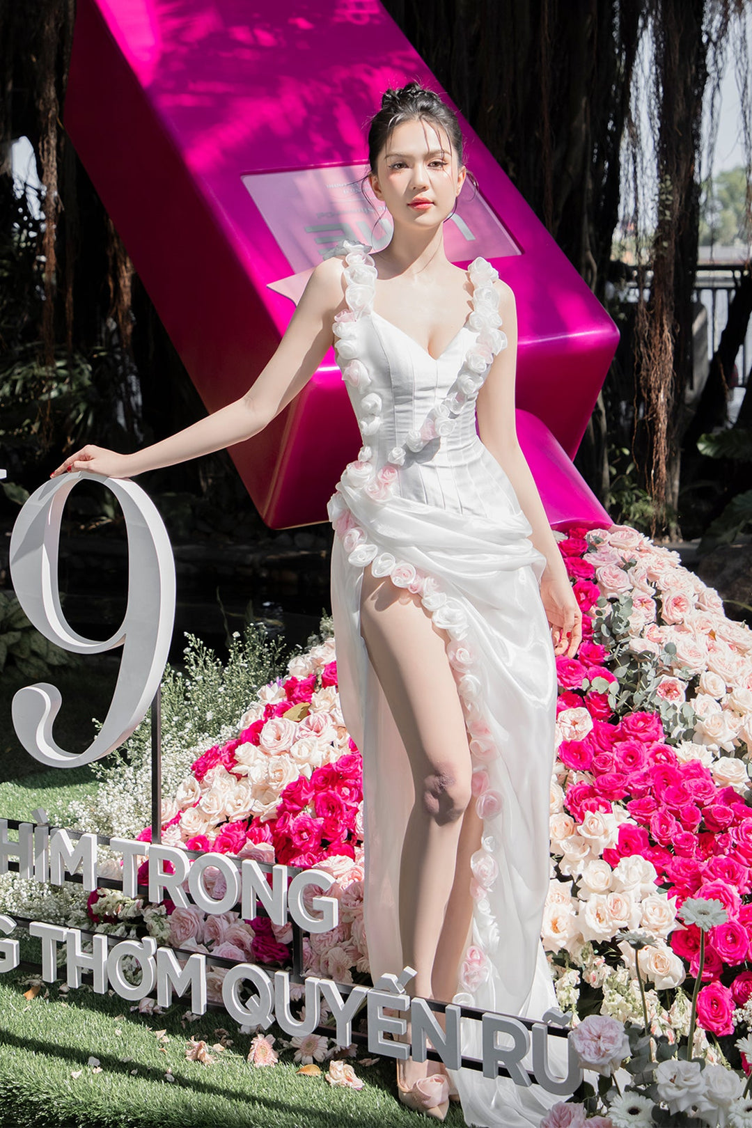 White Gown with Slit and Floral Appliqués