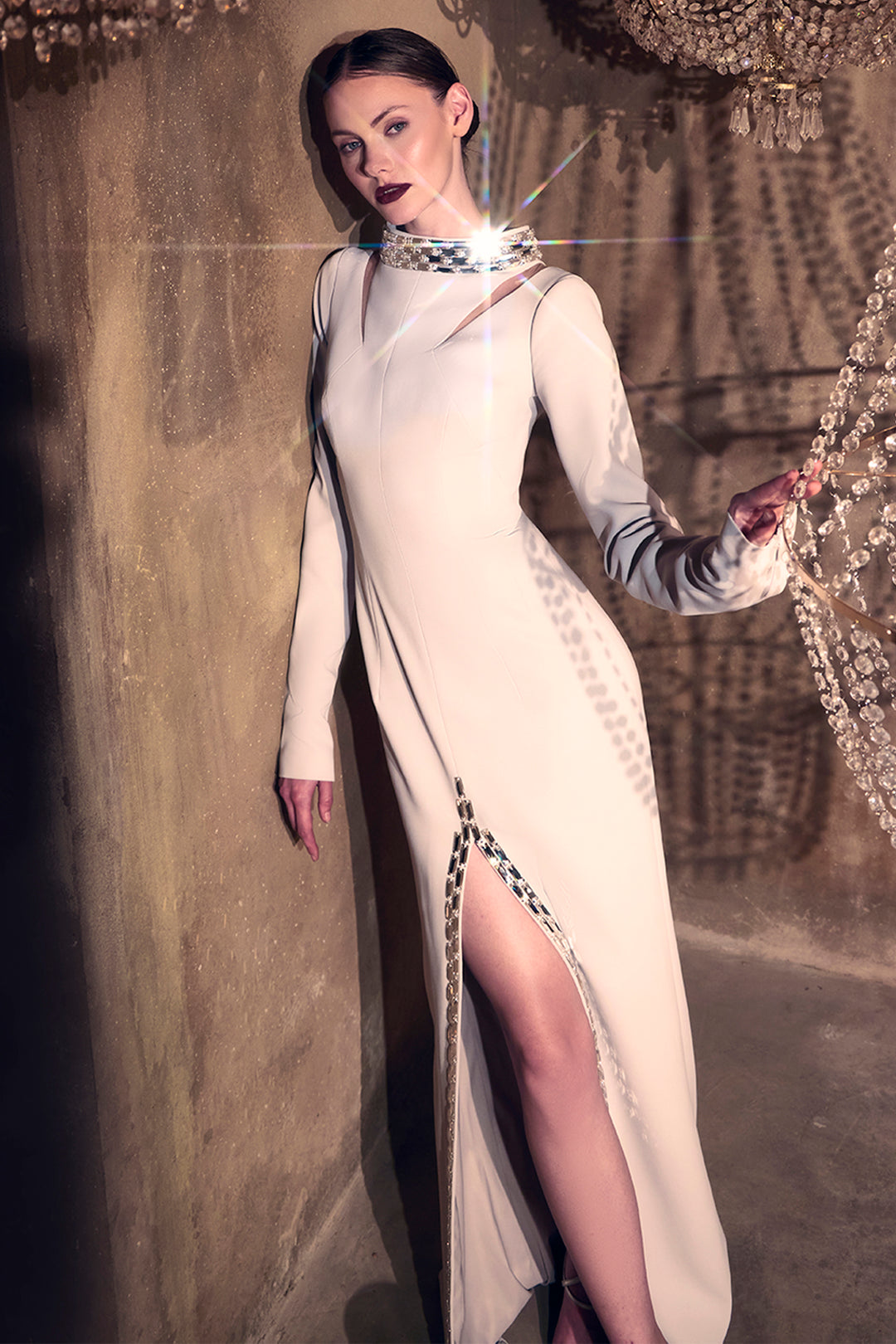 Crepe Column Dress with Fitted Sleeves