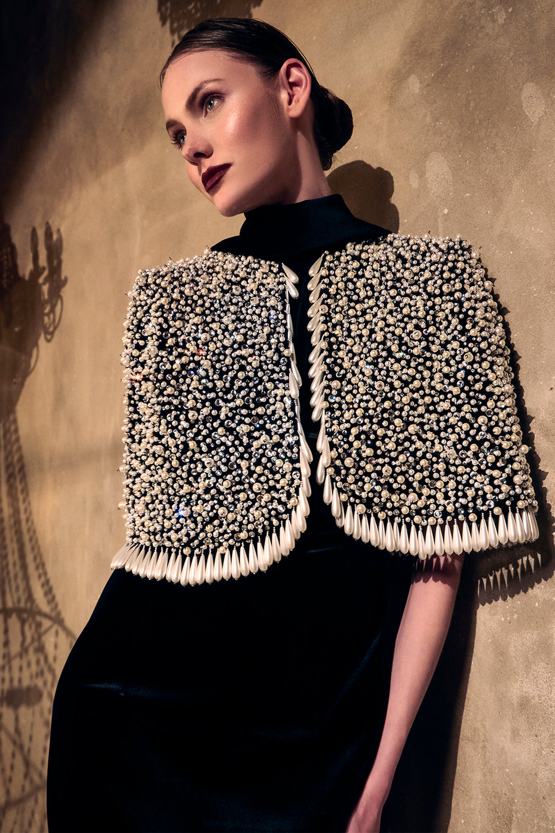 Velvet Cape Shed with Column Long Dress