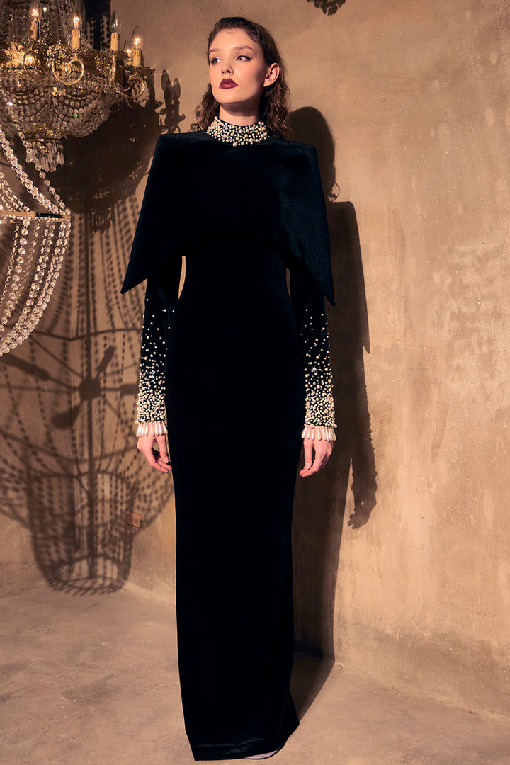 Velvet Column Long Dress with Puffed Sleeves