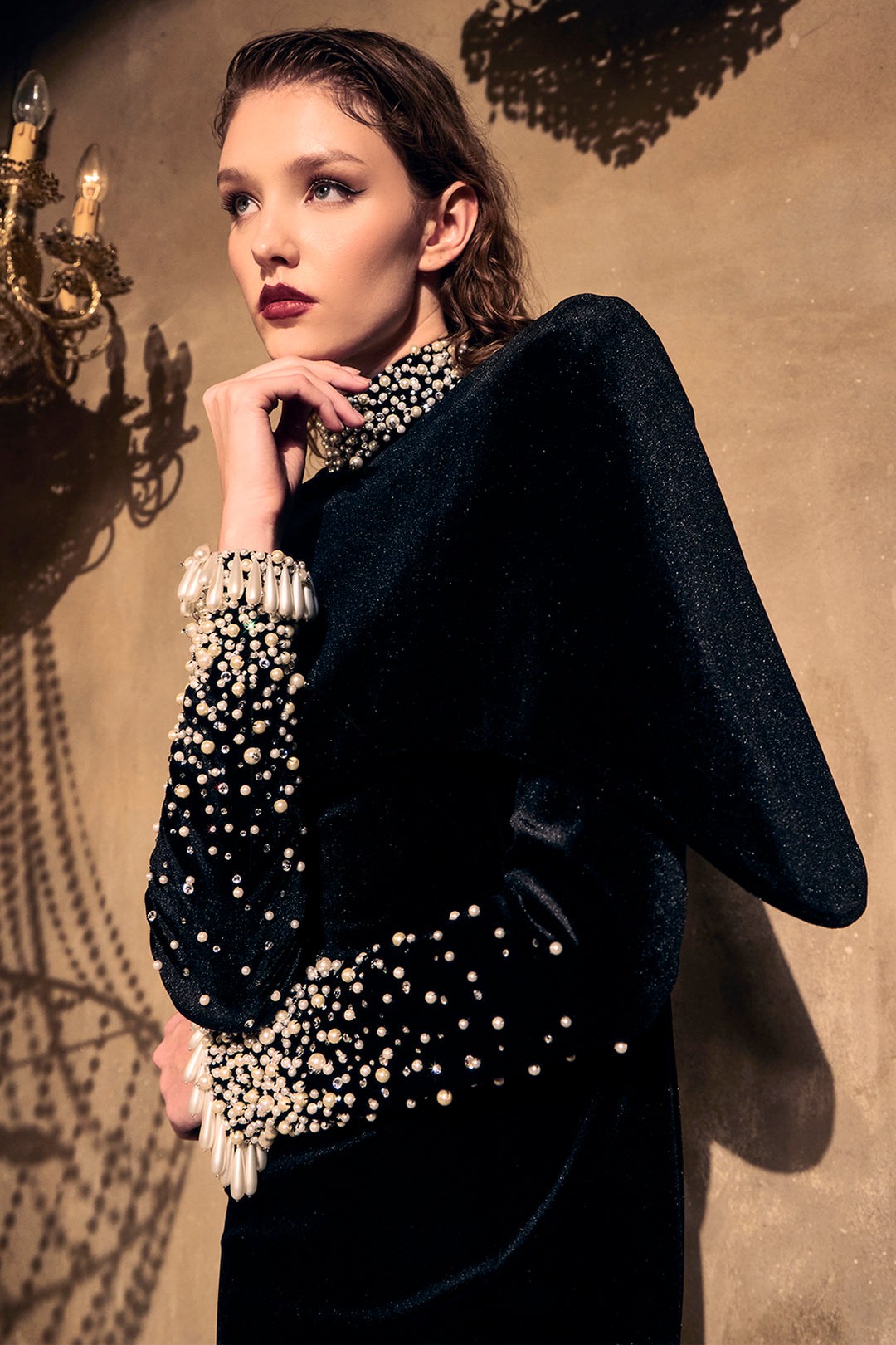 Velvet Column Long Dress with Puffed Sleeves