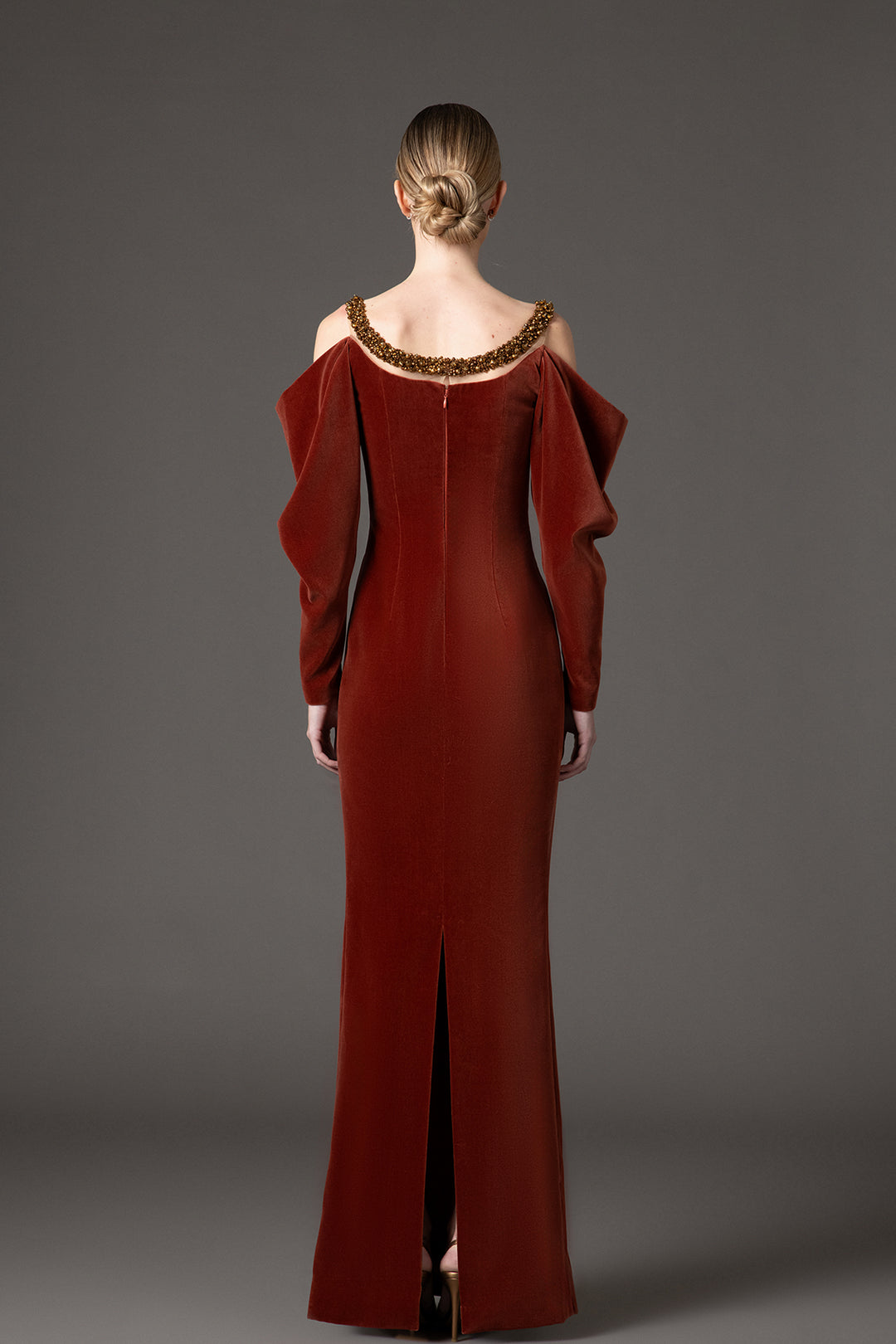 Burnt Brick velvet dress with embroidered detailing Brick / US 2 Burnt Brick velvet dress with embroidered detailing Brick / US 2