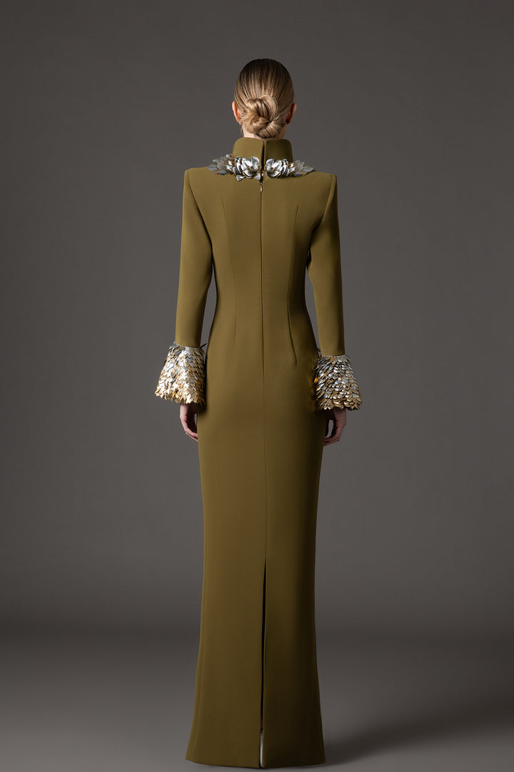 Crepe Dress with 3D Leaf Embellishment