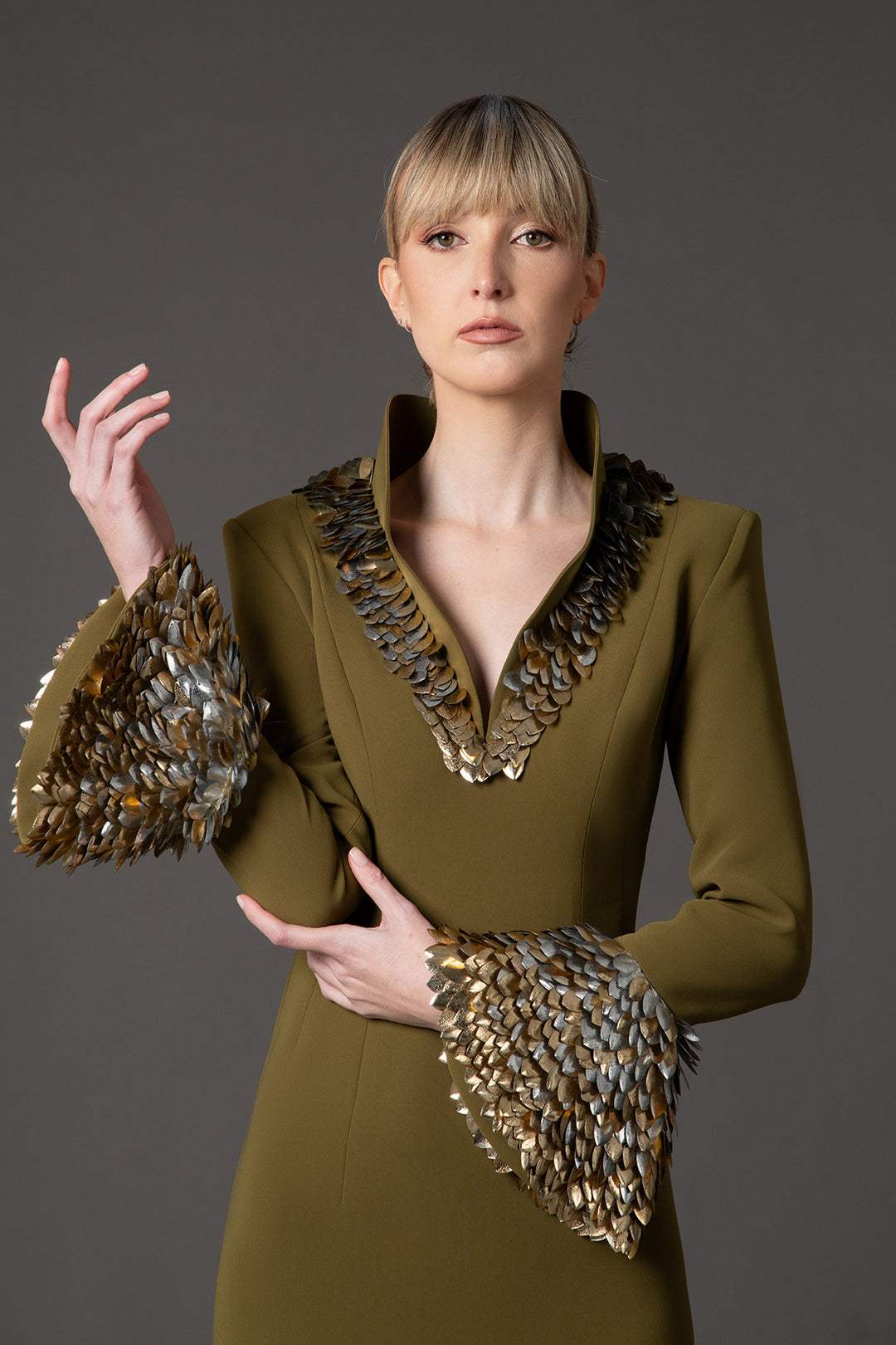 Crepe Dress with 3D Leaf Embellishment