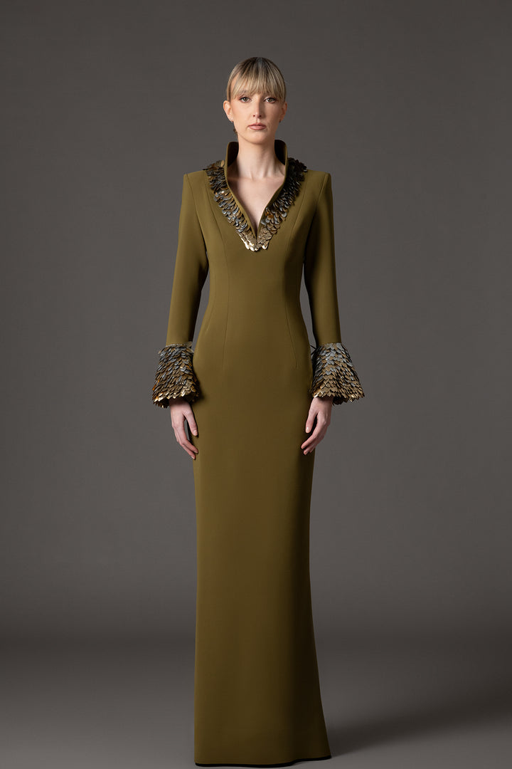 Crepe Dress with 3D Leaf Embellishment