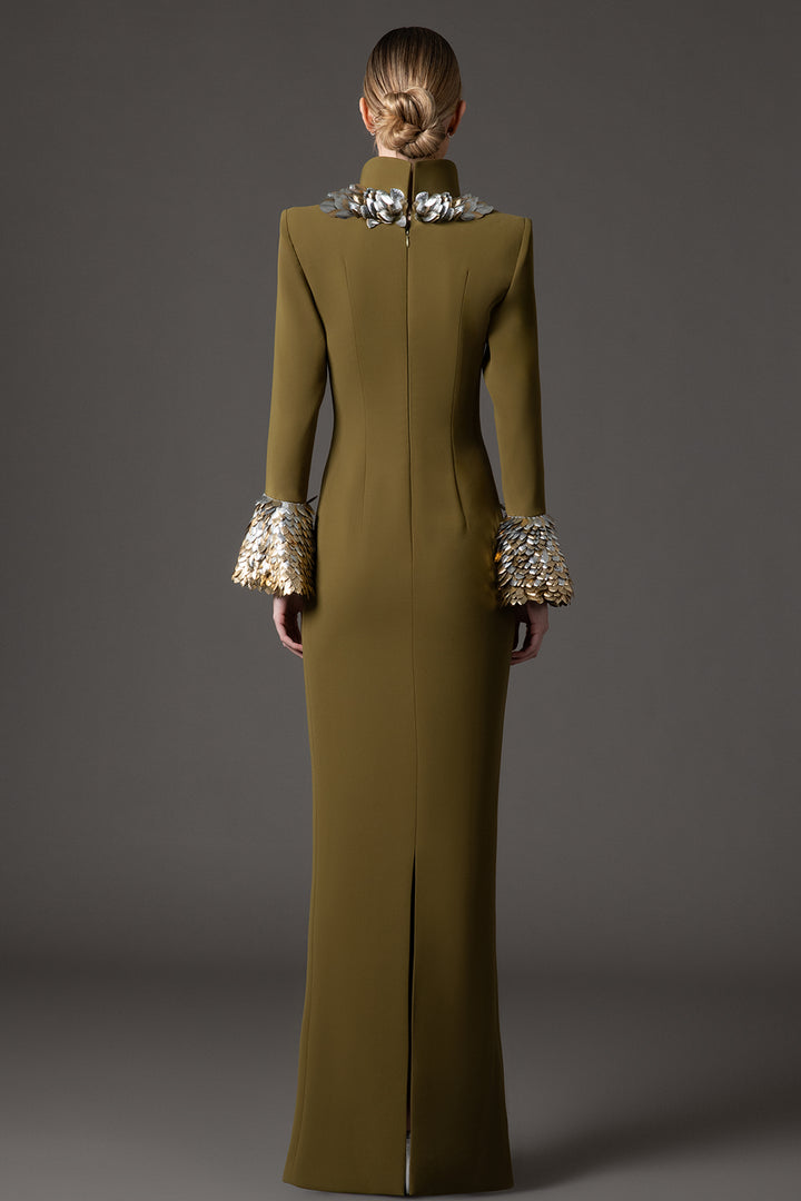 Crepe Column Dress with 3D Leaf Embellishment