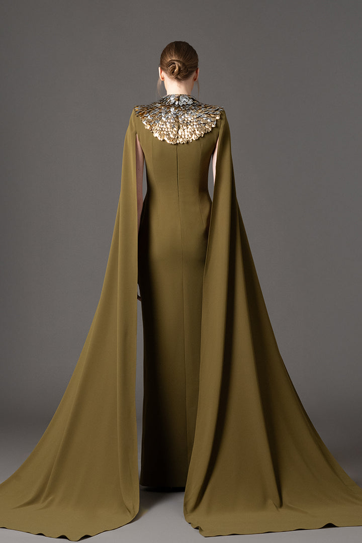 Crepe Dress with 3D Leaf and Cape