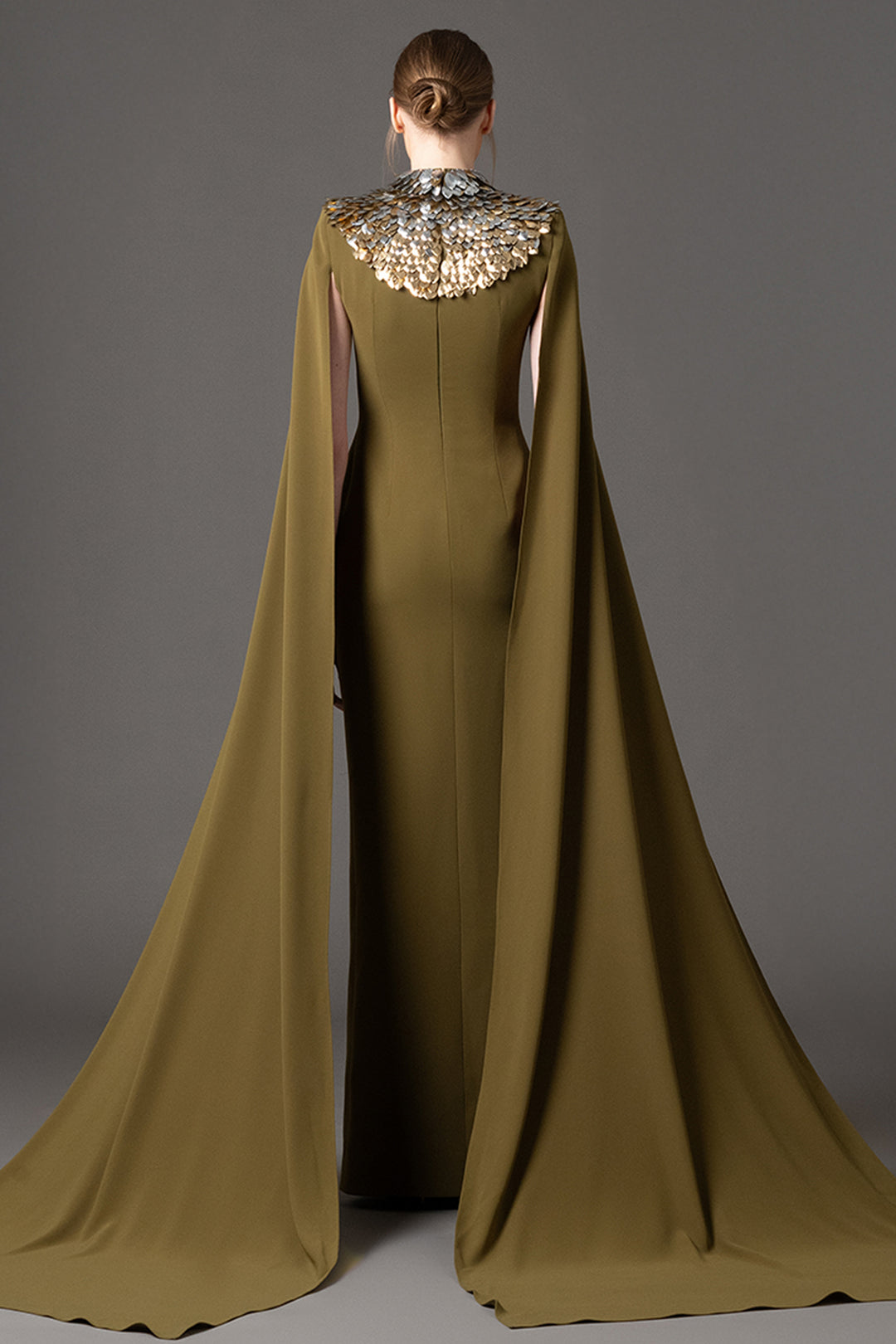 Crepe Long Dress with 3D Leaf and Cape
